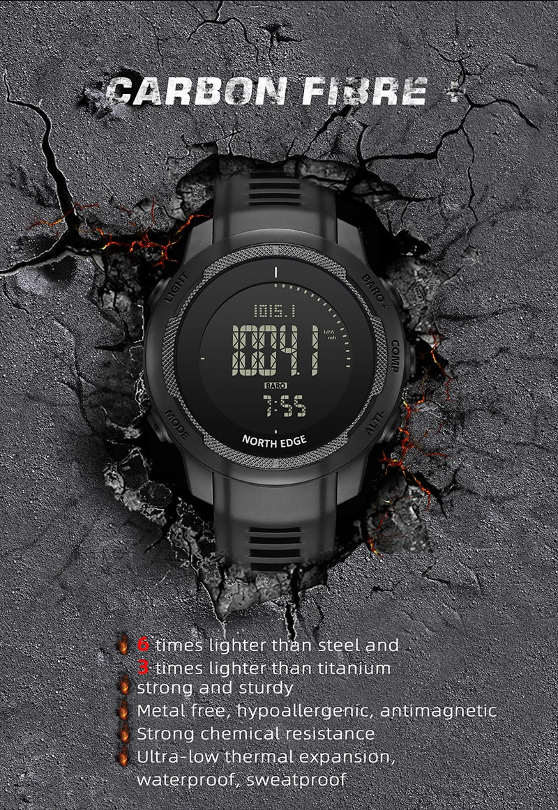 NORTH EDGE Men's Digital Watch Carbon Fiber Case For Man Sports Running Swimming WR50M Watch Altimeter Barometer Compass