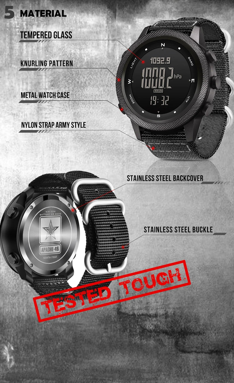 Digital Men Watch NORTH EDGE APACHE-46 Running Swimming Outdoor Sport Watches Altimeter Barometer Compass Waterproof 50M