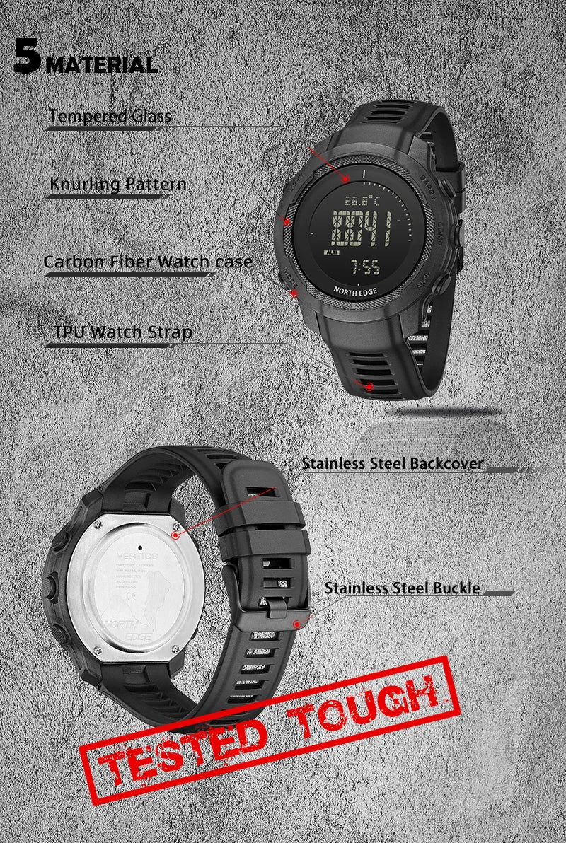 NORTH EDGE Men's Digital Watch Carbon Fiber Case For Man Sports Running Swimming WR50M Watch Altimeter Barometer Compass