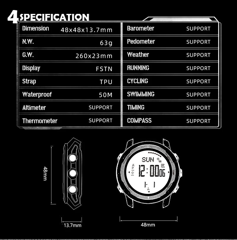 NORTH EDGE Men's Digital Watch Carbon Fiber Case For Man Sports Running Swimming WR50M Watch Altimeter Barometer Compass